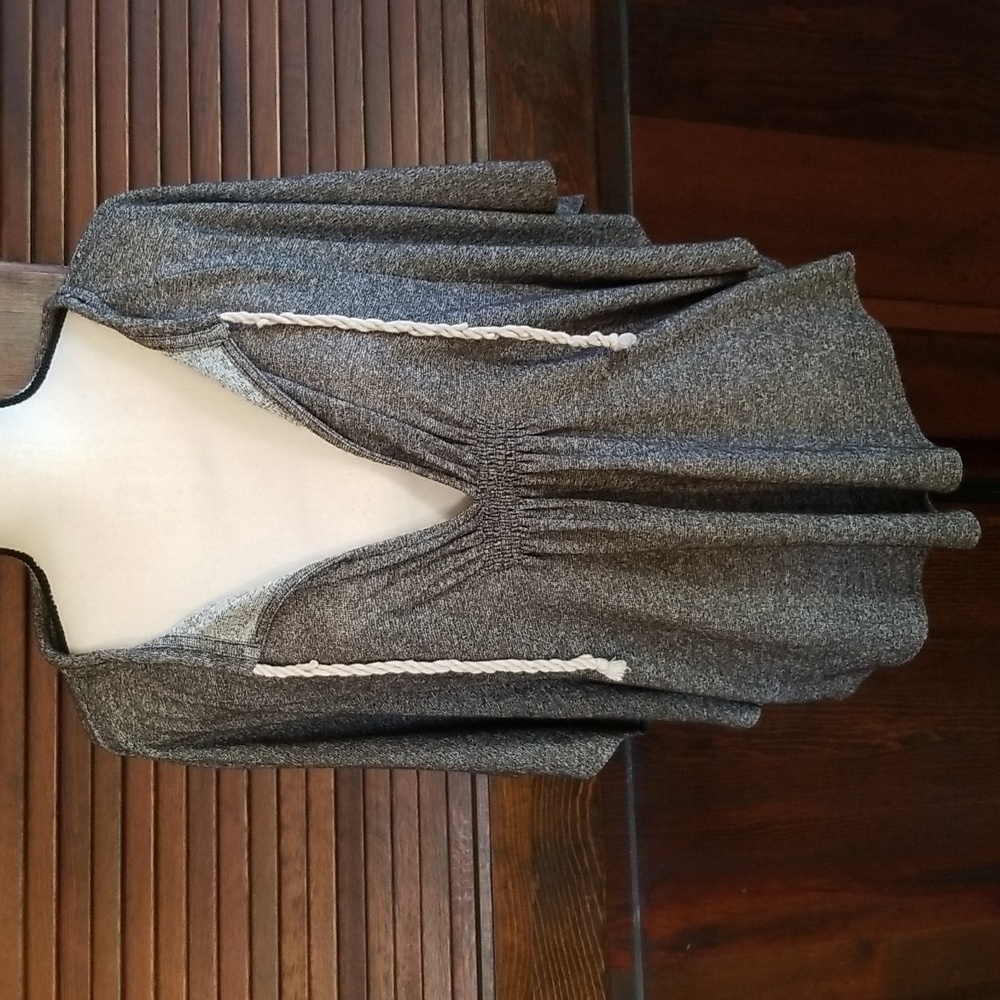 LOFT Heather Gray Knit V-Neck Pullover with Drawstring
